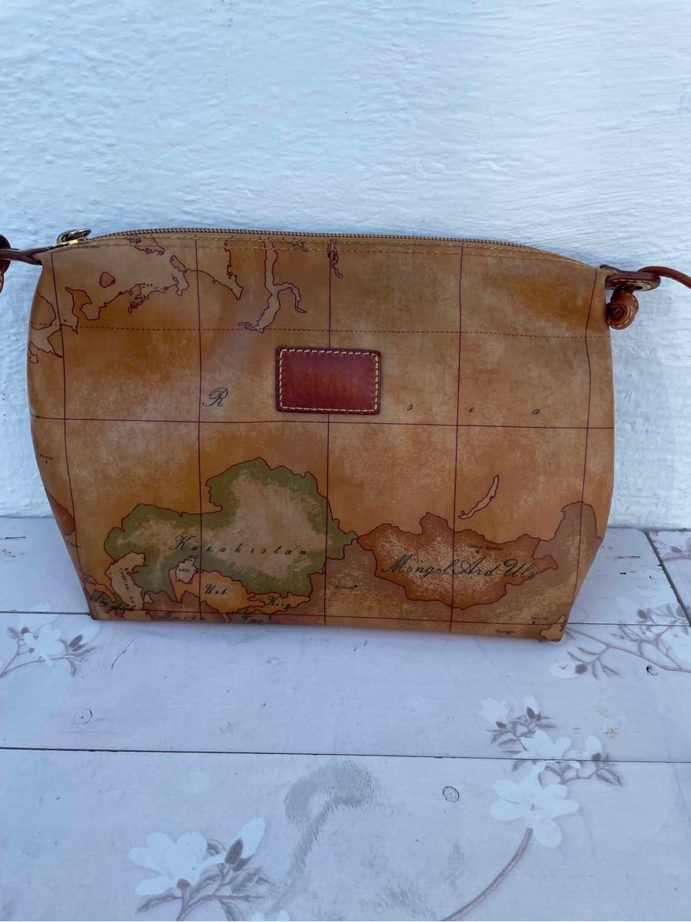 Leather Map-Print Crossbody Bag - Tan